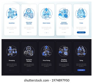 Uncompetitive ways onboarding mobile app page screen with concepts. Exclusivity, dump walkthrough 5 steps graphic instructions. UI, UX, GUI vector template with linear night and day mode illustrations