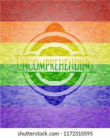Uncomprehending emblem on mosaic background with the colors of the LGBT flag