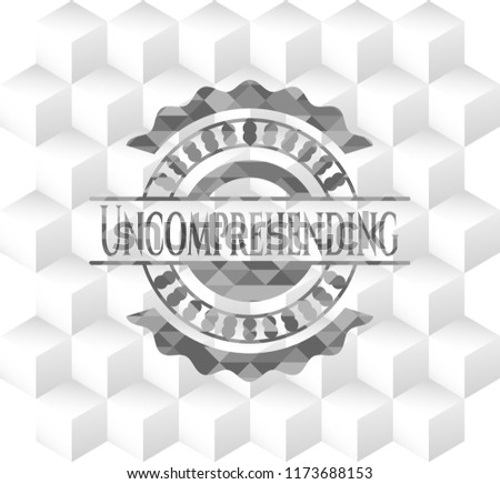 Uncomprehending grey emblem with cube white background