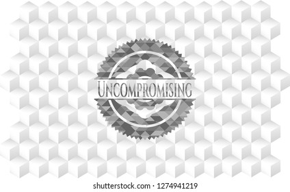 Uncompromising grey emblem. Retro with geometric cube white background