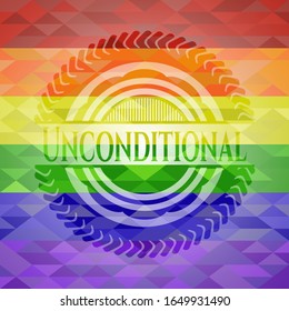 Unconditional emblem on mosaic background with the colors of the LGBT flag