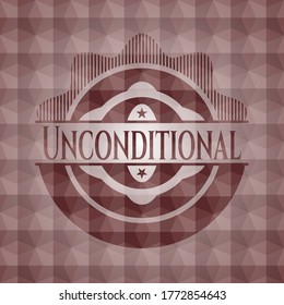 Unconditional red seamless emblem or badge with geometric pattern background. 