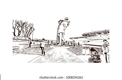 Unconditional Surrender sculpture at sea port, San Diego City in California, USA. Hand drawn sketch illustration in vector.