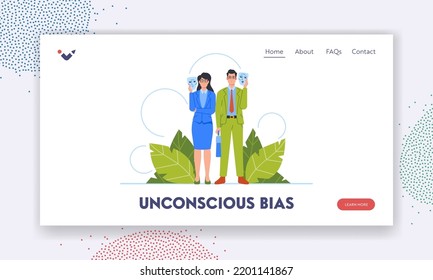 Unconscious Bias Landing Page Template. Anonymous Man and Woman in Formal Suits Holding Masks. Business Characters Hypocrisy, Dishonesty, Liar, Fake Emotions. Cartoon People Vector Illustration