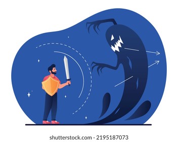 Unconscious fear concept. Man with sword fights big shadow. Overcoming fears. Psychological problems and mental health. Mindfulness and selfdevelopment, emotions. Cartoon flat vector illustration