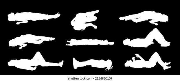 Unconscious Man With Injury Lying Down Vector Silhouette. Traffic Accident Patient After Car Crush Needs Medic Help. First Aid Rescue Victim. Boy Needs Doctor Emergency. Dead Family, Woman On Ground. Silhouette Set.