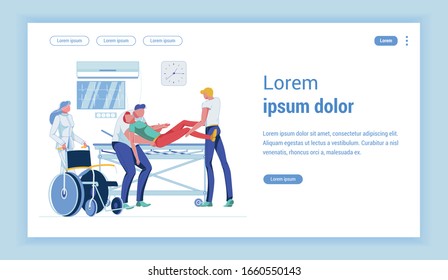 Unconscious Patient In Emergency Room. Nurse, Wearing White Coat With Wheelchair. Nurse Boys, Putting Down Young Man On Gurney. Flat Vector Landing Page Design Template. Copy Space For Extra Text.