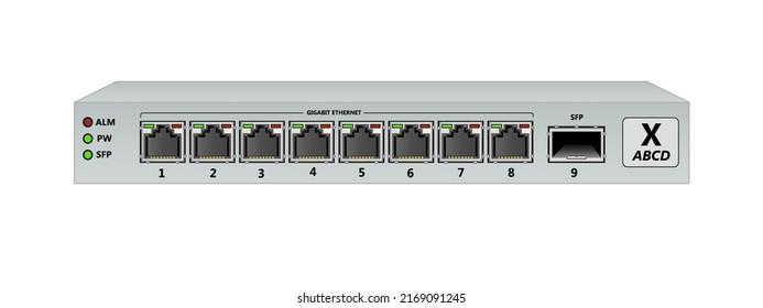 Uncontrollable Ethernet switch for home or office (SOHO) with 8 1000Base-T ports, SFP port and LED indications. Vector illustration.