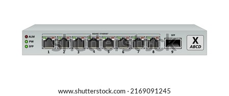 Uncontrollable Ethernet switch for home or office (SOHO) with 8 1000Base-T ports, SFP port and LED indications. Vector illustration.