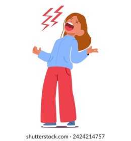 Uncontrollable Wails Pierce The Air As A Hysterical Child Girl Character Succumbs To A Tantrum, Emotions Unchecked, Echoing Distress In Frenzied Screams. Cartoon People Vector Illustration