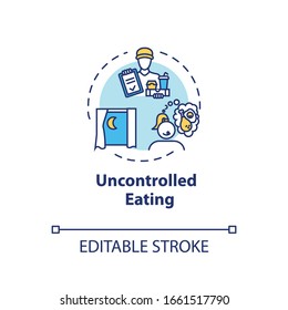 Icono de concepto de alimentación descontrolada. Comer sin sentido, exceso de nutrición idea de la delgada línea ilustración. Tentempiés nocturnos, consumo de comida chatarra. Dibujo de color RGB con contorno aislado por vectores. Trazo editable
