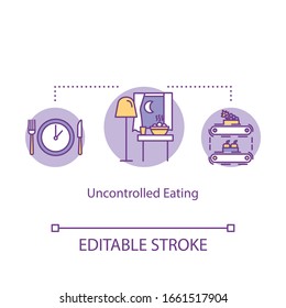 Uncontrolled Eating Concept Icon. Mindless Eating, Overeating Idea Thin Line Illustration. Late Night Snacks, Junk Food Consumption. Vector Isolated Outline RGB Color Drawing. Editable Stroke