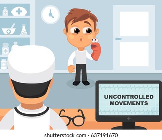 Uncontrolled movements medical concept. Vector illustration. Doctor and patient are talking in the hospital. Isolated on white background.