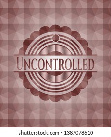 Uncontrolled red emblem or badge with abstract geometric pattern background. Seamless.