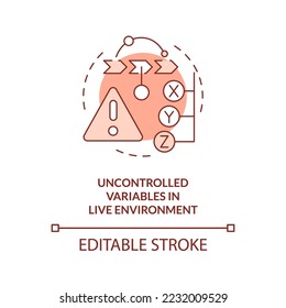 Uncontrolled variables in live environment red concept icon. Release management issue abstract idea thin line illustration. Isolated outline drawing. Editable stroke. Arial, Myriad Pro-Bold fonts used