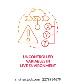 Uncontrolled variables in live environment red gradient concept icon. Product release. Output management issue abstract idea thin line illustration. Isolated outline drawing. Myriad Pro-Bold font used