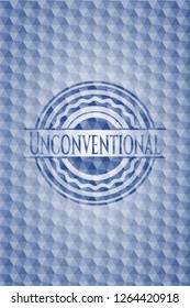 Unconventional blue emblem with geometric pattern.