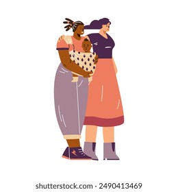 Unconventional female couple with a baby in a carrier, Concept of ease of movement of a small child during a family walk. Full body flat vector illustration of characters on isolated background.