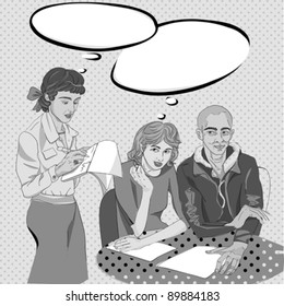 unconventional film noir in a restaurant for modern people, pop art illustration with speech bubbles