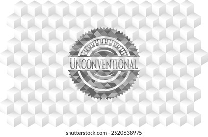 Unconventional grey icon or emblem with geometric cube white background. 