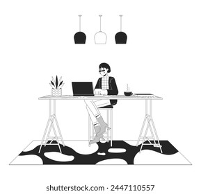 Unconventional home office black and white line illustration. Asian woman with laptop at counter table 2D lineart character isolated. Programmer workspace monochrome scene vector outline image