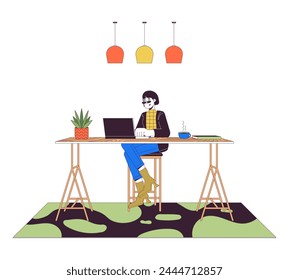 Unconventional home office line cartoon flat illustration. Asian woman with laptop at counter table 2D lineart character isolated on white background. Programmer workspace scene vector color image