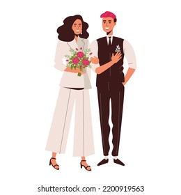 An unconventional wedding couple. The bride and groom in a white suit. Congratulations on the wedding. Bouquet of roses