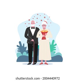 Unconventional Wedding. Eldrely Person Marriage. Happy Old Woman Accepts A Proposal. People Are Equals Concept. Editable Vector Illustration In Modern Flat Style Isolated On White Background.