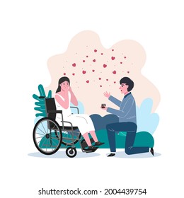 Unconventional wedding. Incapacitated person marriage. Happy woman accepts a proposal. People are equals concept. Editable vector illustration in modern flat style isolated on white background.