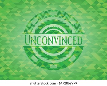 Unconvinced green emblem with triangle mosaic background. Vector Illustration. Detailed.