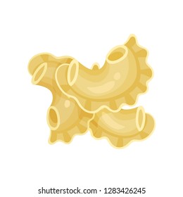 Uncooked Italian creste di galli. Curved tubular pasta with ruffled edge. Organic food. Detailed flat vector design