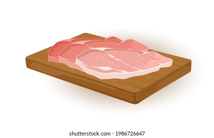 Uncooked meat pieces on wooden board, ingredient for further cooking. Vector semi finished product, home food, delicacy meal for dinner design. Isolated on white background
