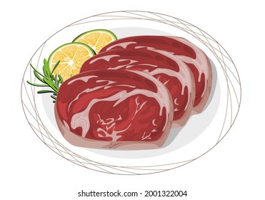 Nicht gekochtes Schweinefleisch auf einem Gericht. Einziger Schweinespeck auf weißem Teller und Dekoration mit Zitrone und Rosmarin, nicht gekochte Zutat auf weißem Hintergrund. Anime food handrawing, Vektorgrafik.