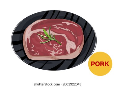 Uncooked pork on a dish. Isolated a pice of pork prepared on black plate, uncooked ingredient on white background. Anime food handrawing vector illustration.