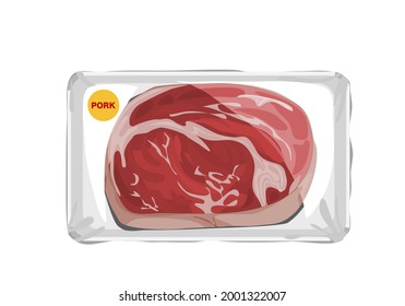 Uncooked pork in a plastic pack. Isolated pice of meat prepared on white plate and wrap with plastic wrapped, uncooked ingredient on white background. Anime food handrawing vector illustration.