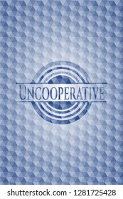Uncooperative blue emblem with geometric background.