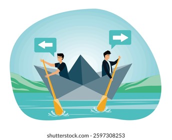 Uncoordinated and getting nowhere concept. Two men rowing in opposite direction.  Flat vector modern illustration 