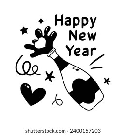 Uncork champagne Bottle showing concept flat sticker of happy new year event, new year party sticker