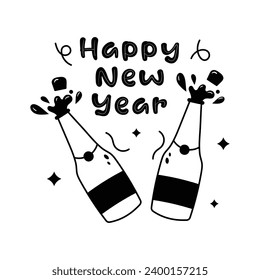 Uncork champagne Bottles showing concept flat sticker of happy new year event, new year party sticker