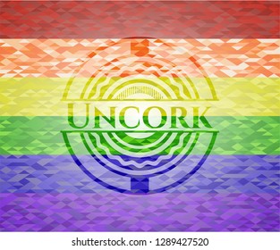 Uncork emblem on mosaic background with the colors of the LGBT flag