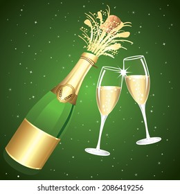 Uncorked bottle of Champagne with two cups. Toast. Event. Happy New Year or Anniversary. Green and gold vector illustration.