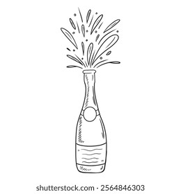 Uncorked splashing champagne bottle as a symbol of New Year celebration in black isolated on white background. Hand drawn vector sketch illustration in doodle engraved vintage line art style