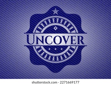 Descubrir emblema con textura de denim. Ilustración vectorial. Detallado. 
