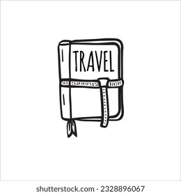 Uncover stories of exploration with this black and white doodle of a vintage travel journal. Let its pages unfold memories of wanderlust. Vector black and white illustration.