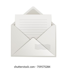 Uncovered envelope, lined paper, isolated. Cover close-up with message inside. Opened missive, blank form, vector illustration