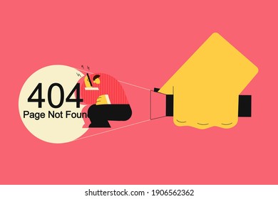Uncovering 404 error page not found concept. Businessman guided by hand holding flashlight sitting with laptop and page not found problem sign vector illustration 