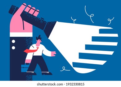 Uncovering business strategy and career concept. Human hand holding flashlight uncovering hidden stairs for young walking forward businessman vector illustration