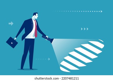 Uncovering career steps. A manager holding a flashlight uncovers hidden stairs. Business vector illustration