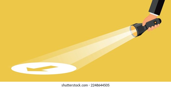 Uncovering Direction. Flashlight uncovering hidden arrow sign. Business vector illustration eps 10
