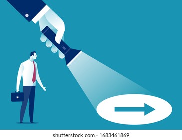 Uncovering Direction. A hand holding a flashlight uncovering hidden arrow sign. Business vector illustration